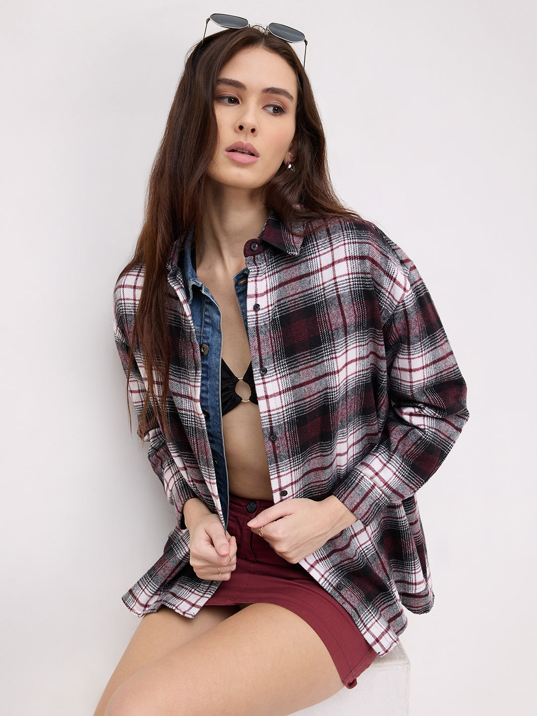 Maroon & White Checked Oversized Flannel Shirt