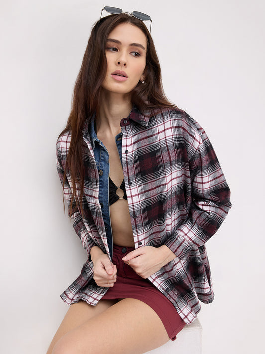 Maroon & White Checked Oversized Flannel Shirt
