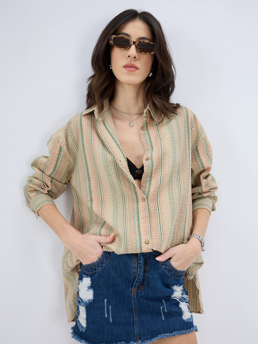 Multicolor Striped Seersucker Oversized Shirt