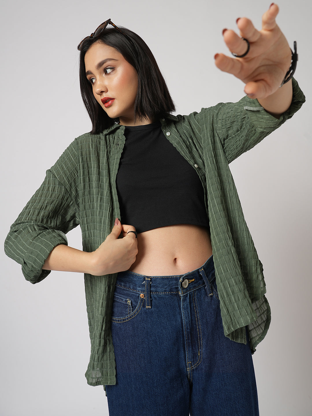 Moss Green Matrix Checks Oversized Shirt