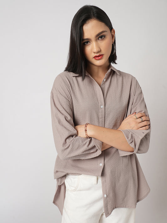 Light Taupe Brown Seersucker Oversized Shirt