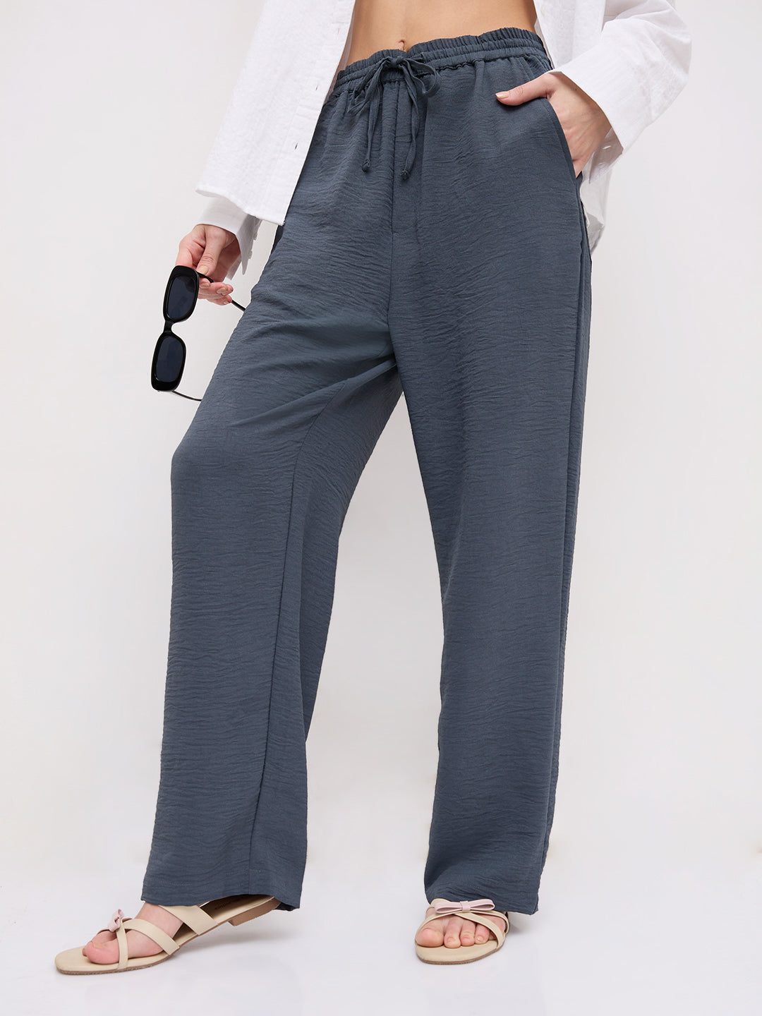 Plush Grey Crinkled Straight Fit Trousers