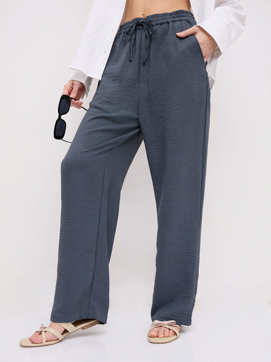 Plush Grey Crinkled Straight Fit Trousers