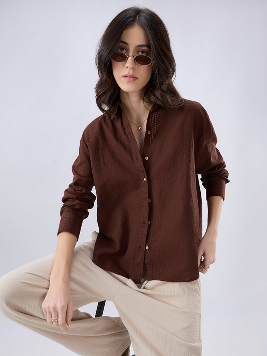 Chocolate Brown Jacquard Weave Oversized Shirt