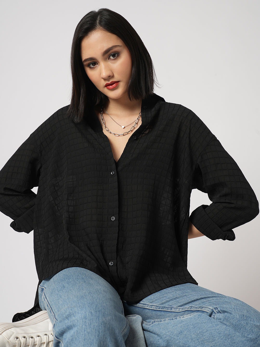 Black Matrix Checks Oversized Shirt