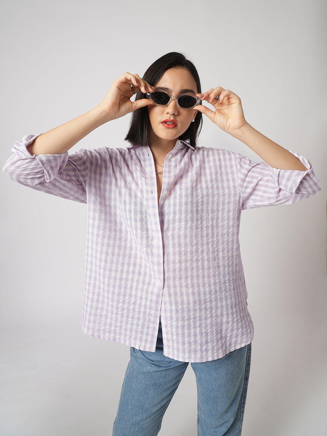 White & Lavendar Gingham Checks Oversized Shirt