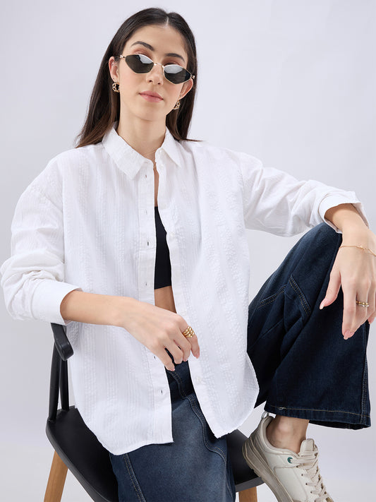 Pearl White Seersucker Oversized Shirt