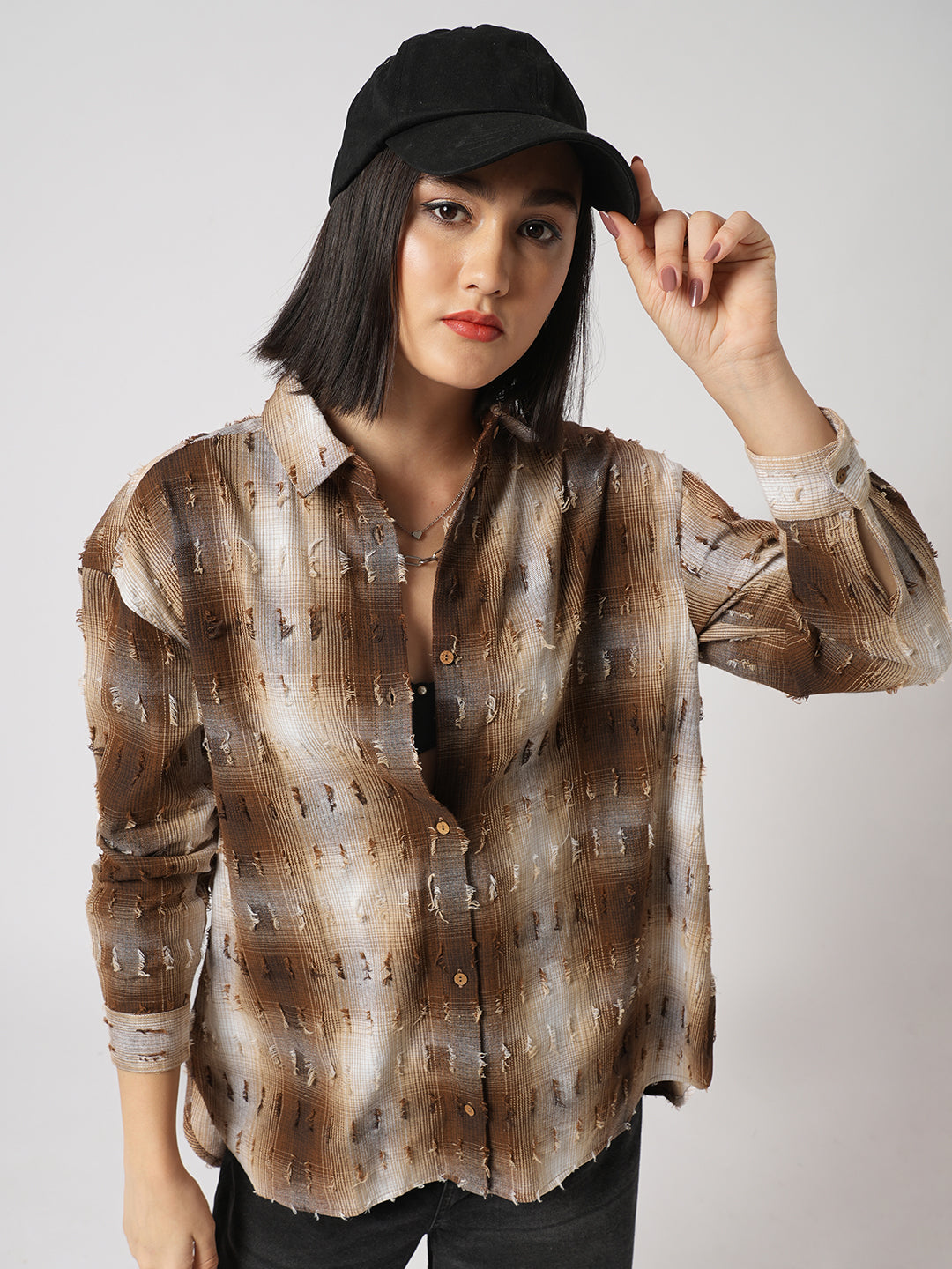 Brown & Beige Self Design Frayed Oversized Shirt