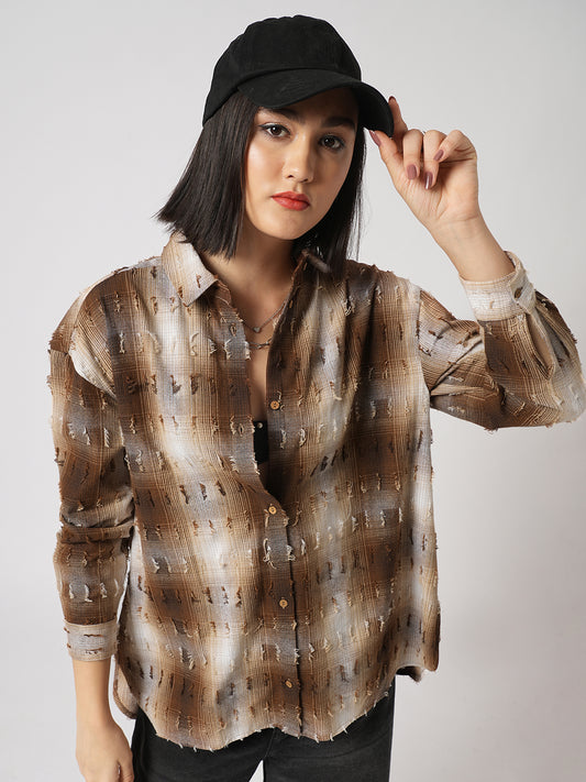 Brown & Beige Self Design Frayed Oversized Shirt