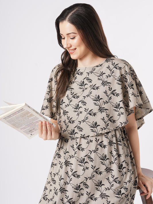 Taupe Leafy Printed Comfy Maternity Dress
