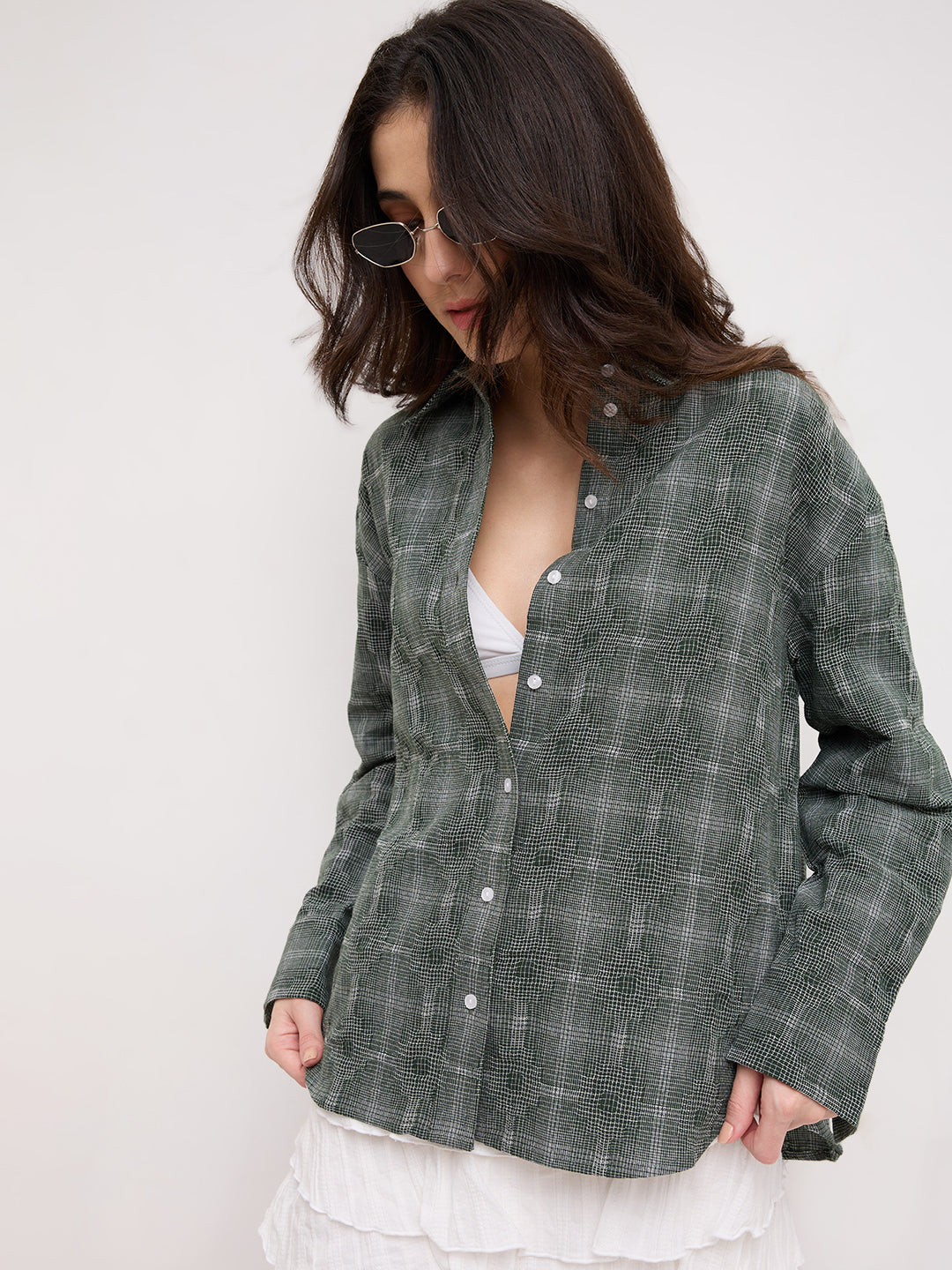 Olive Green Gridlock Smokey Plaid Oversized Shirt