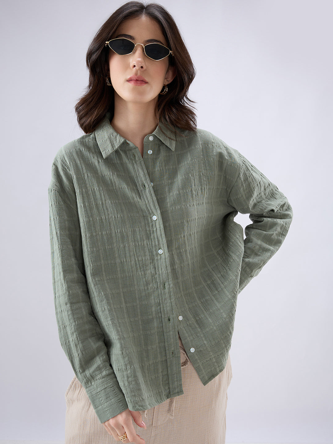 Asparagus Green Seersucker Doublecloth Oversized Shirt