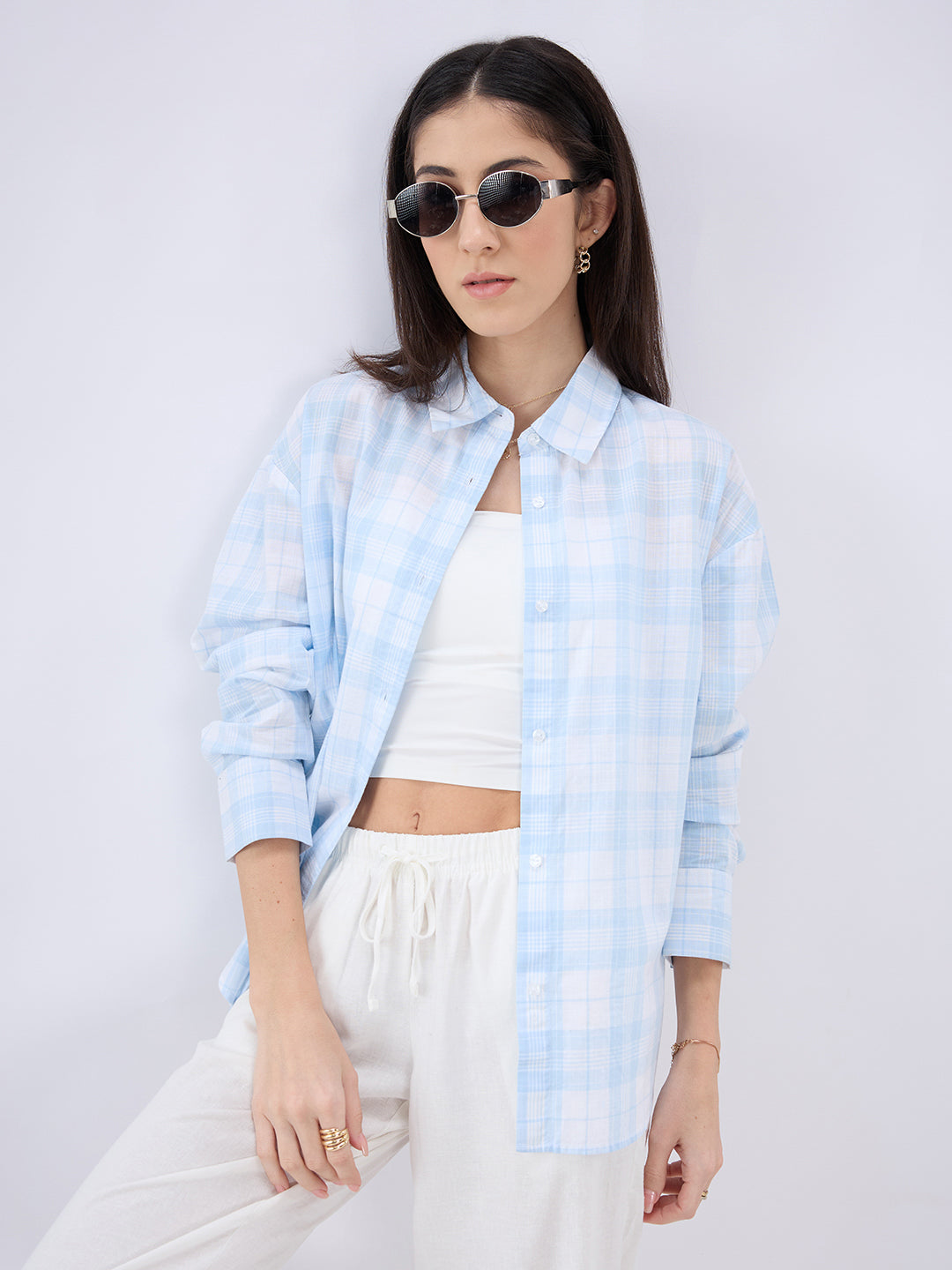 Soft Sky Blue Tartan Checked Oversized Shirt