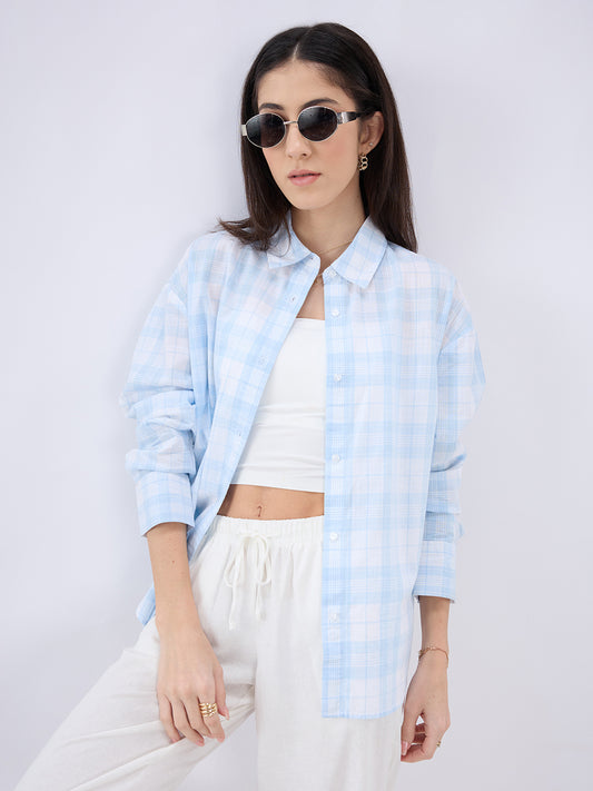Soft Sky Blue Tartan Checked Oversized Shirt