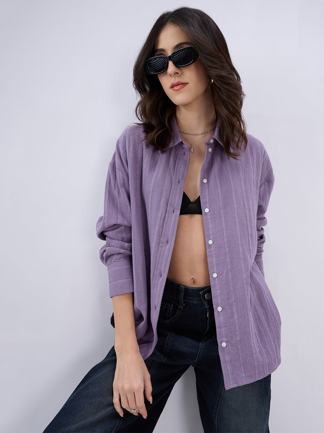 Lavender Seersucker Striped Doublecloth Oversized Shirt