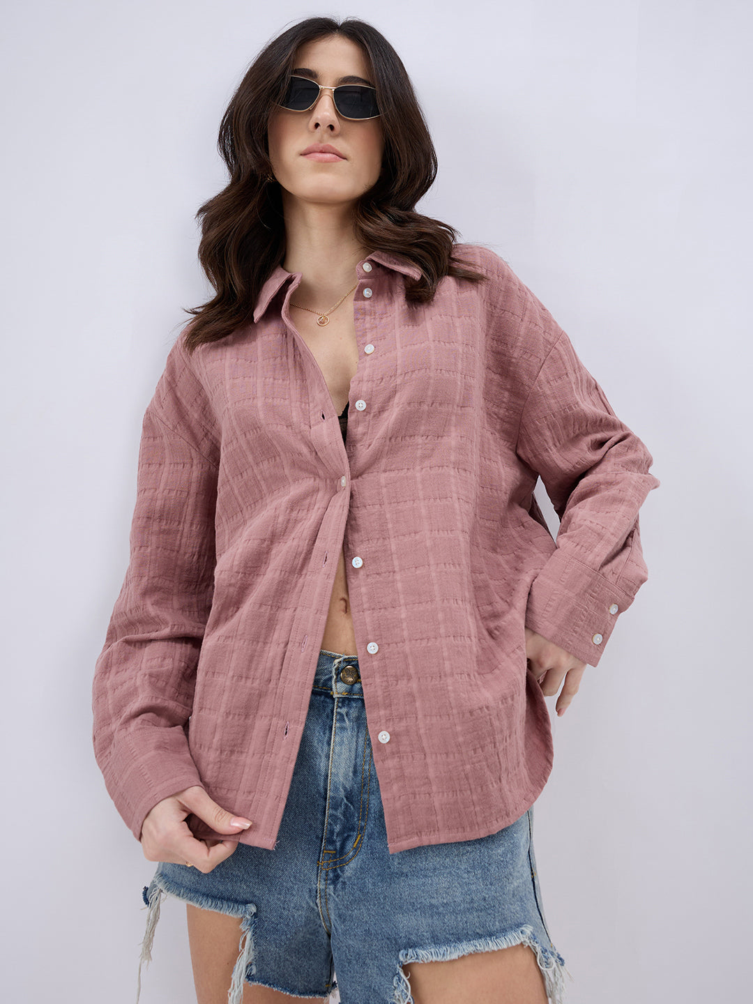 Dusty Pink Seersucker Checks DoubleCloth Oversized Shirt