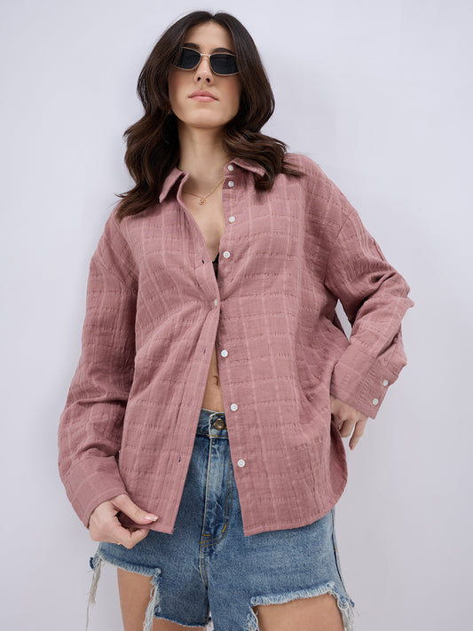 Dusty Pink Seersucker Checks DoubleCloth Oversized Shirt