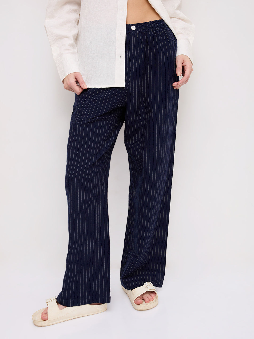 Deep Navy Pin Stripe Wide Leg Trousers