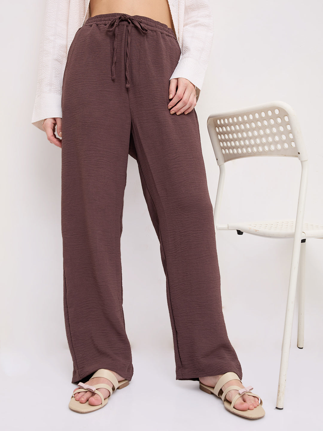 Luxe Warm Brown Crinkled Straight Fit Trousers