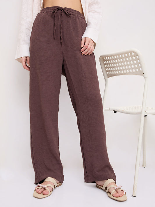 Luxe Warm Brown Crinkled Straight Fit Trousers