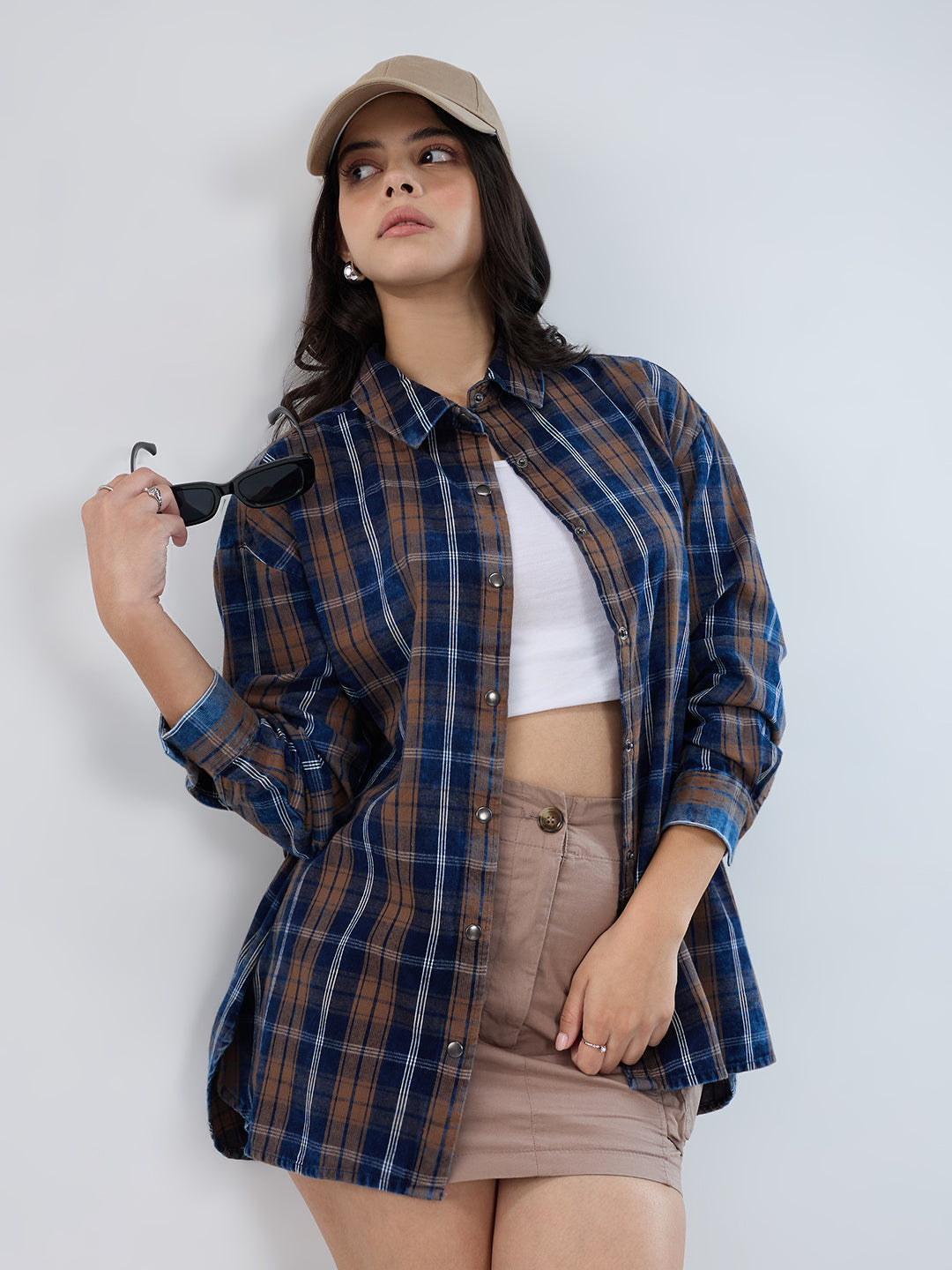 Navy & Brown Tartan Checked Corduroy Oversized Shirt
