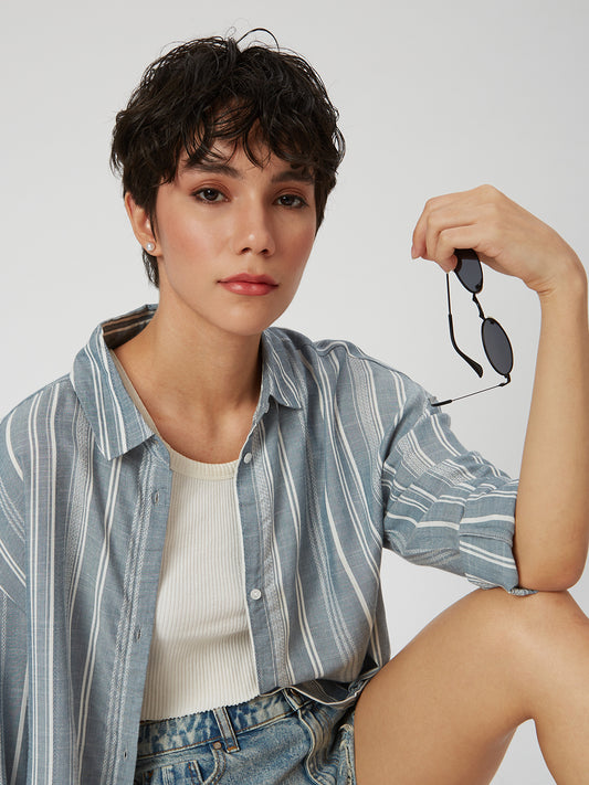 Blue & White Dobby Striped Oversized Shirt