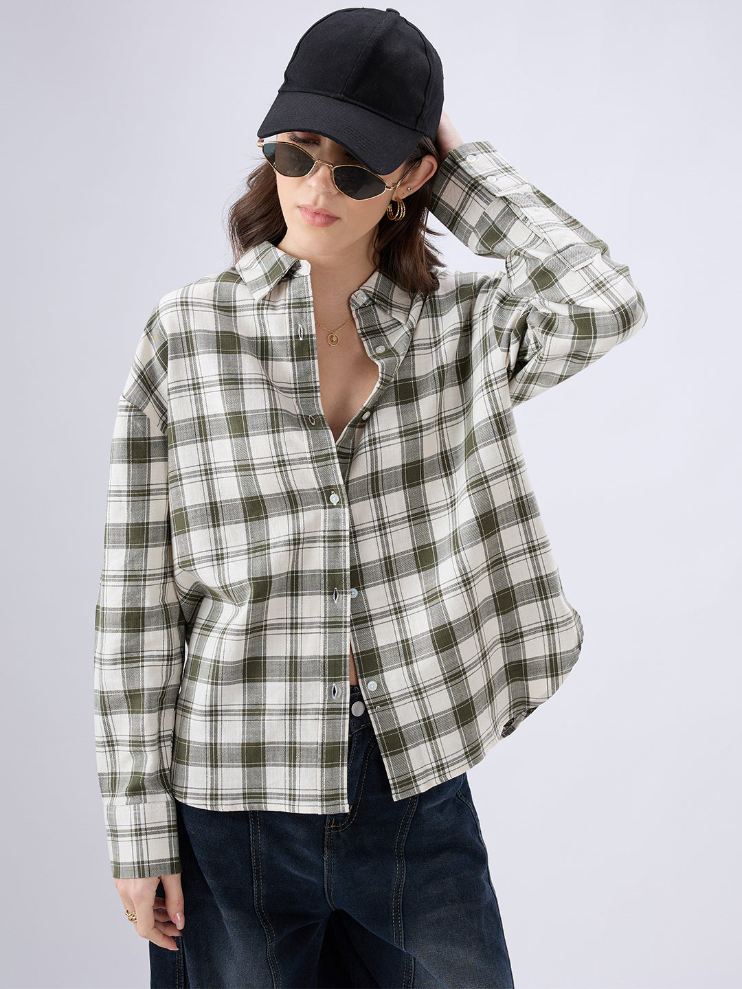 Olive & White Tartan Checkered Oversized Shirt