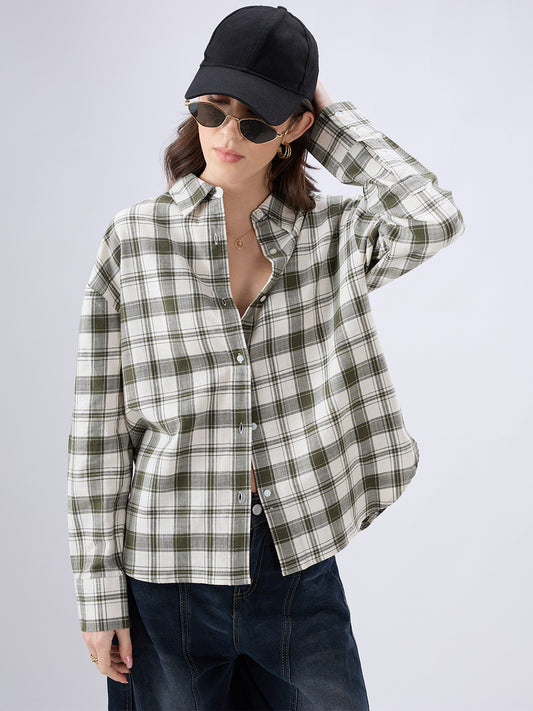 Olive & White Tartan Checkered Oversized Shirt