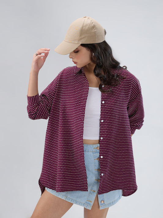 Maroon Dotted Drama Jacquard Oversized Shirt