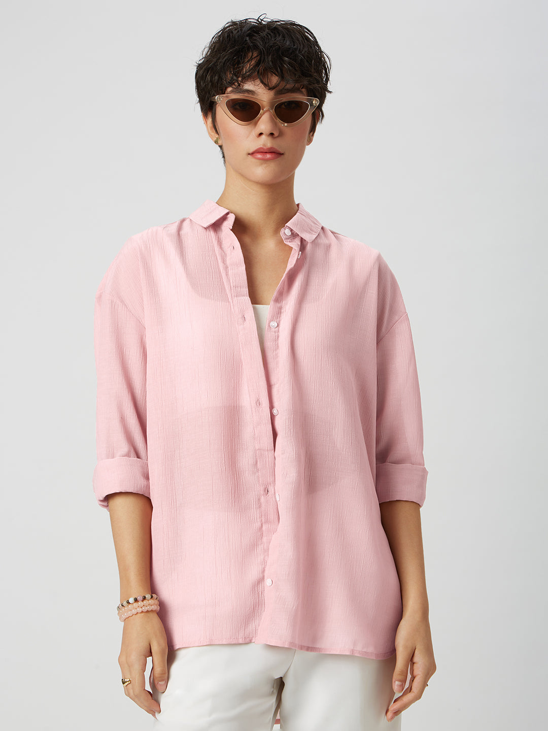 Glittery Baby Pink Crinkled Oversized Shirt