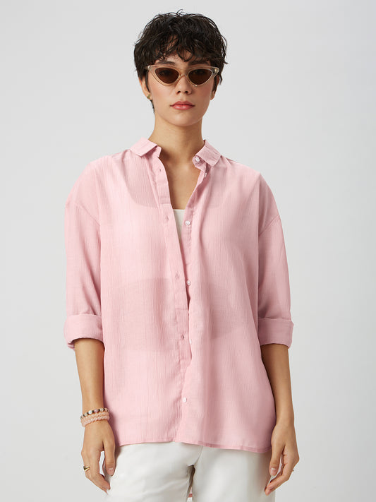 Glittery Baby Pink Crinkled Oversized Shirt