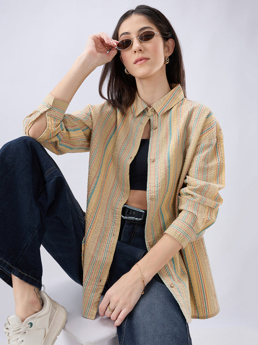 Classic Multicolor Striped Seersucker Oversized Shirt