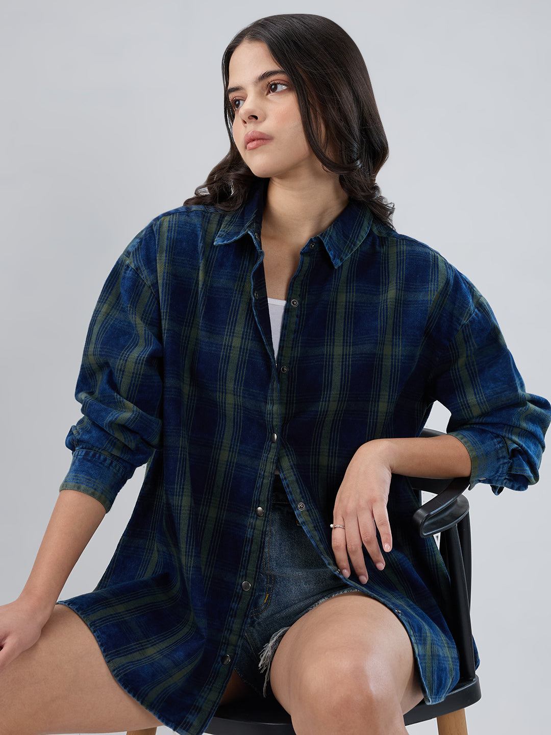 Navy & Olive Checkered Corduroy Oversized Shirt