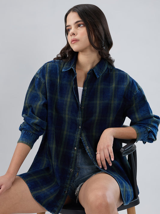 Navy & Olive Checkered Corduroy Oversized Shirt