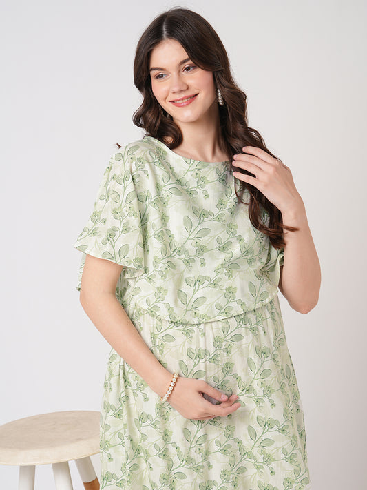 White & Green Leafy Printed Maternity Dress