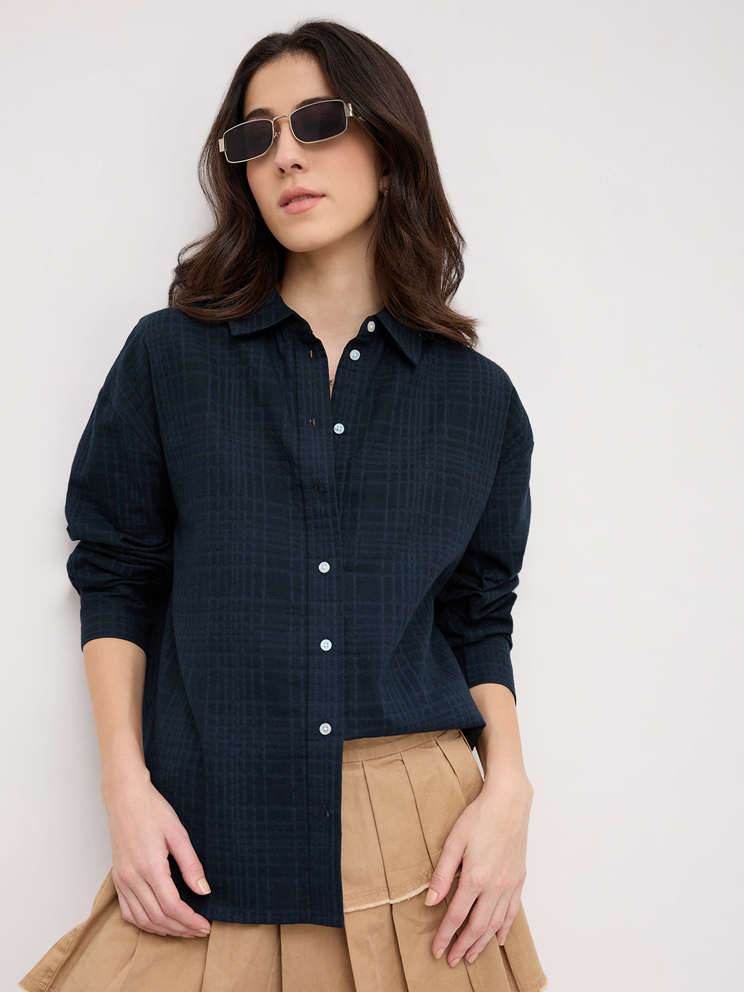 Teal Blue Block Embossed Textured Oversized Shirt