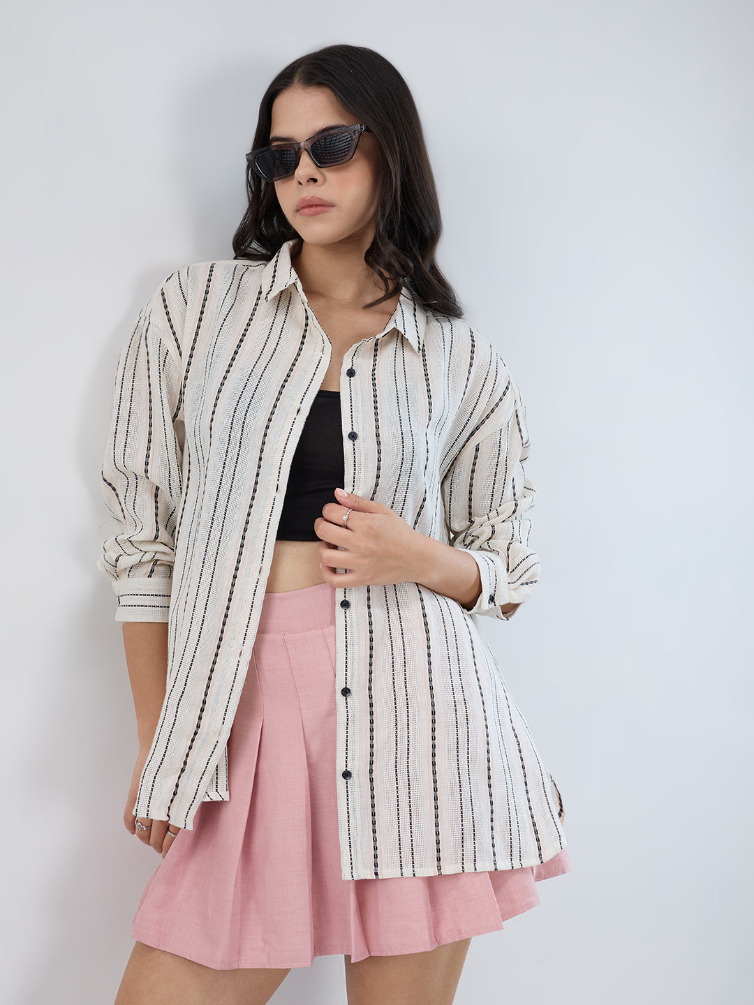 Burlap Ivory Vertical Striped Dobby Oversized Shirt