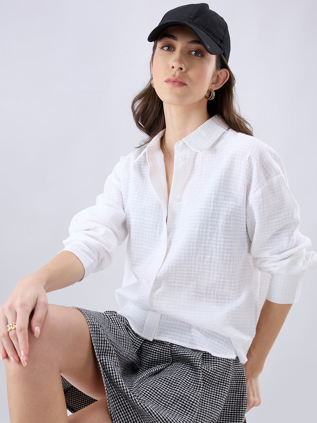 White Seersucker Textured Oversized Shirt