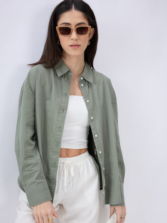 Olive Seersucker Textured Oversized Shirt