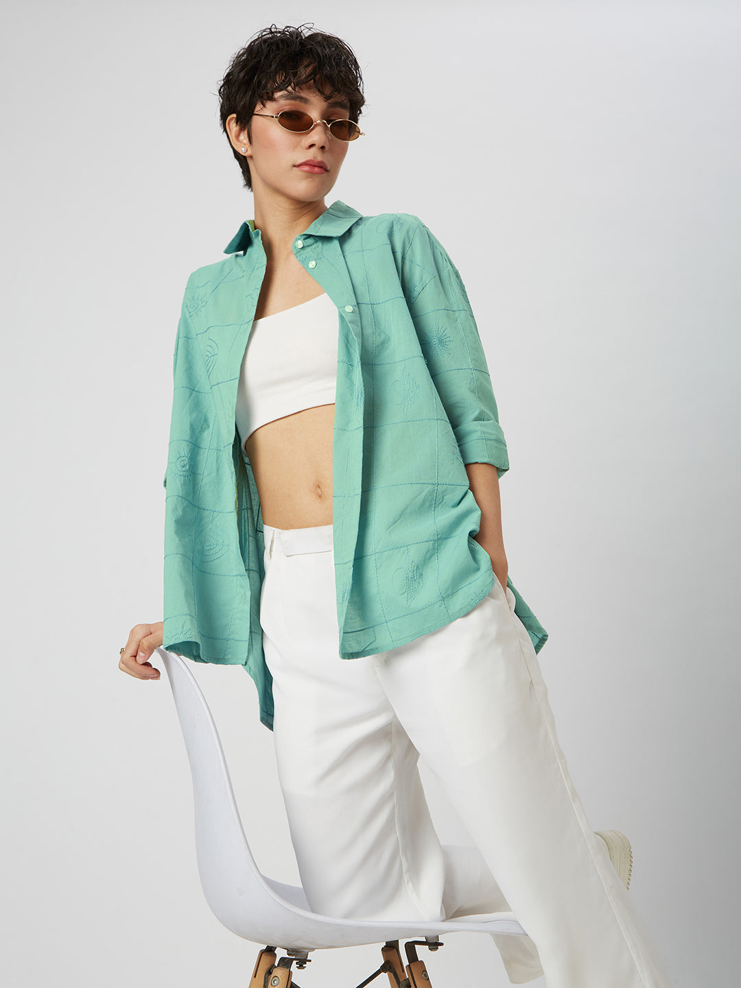 Turquoise Embroidered Oversized Shirt