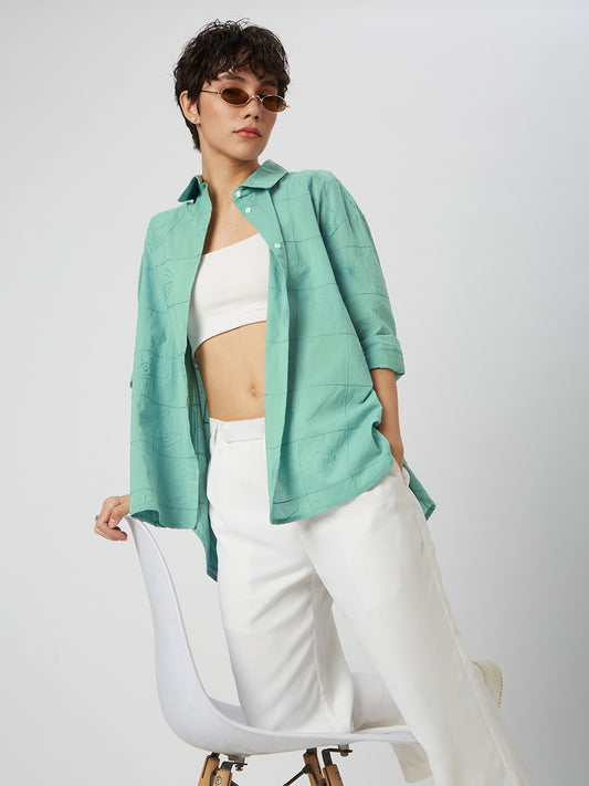 Turquoise Embroidered Oversized Shirt