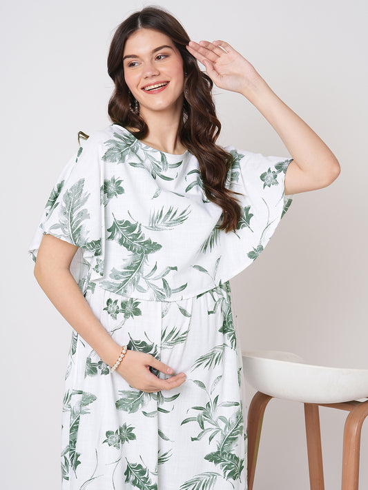 White & Olive Tropical Printed Maternity Dress