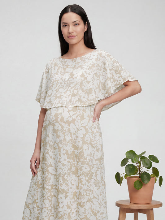 Serene Bloom Beige & White Printed Maternity Dress