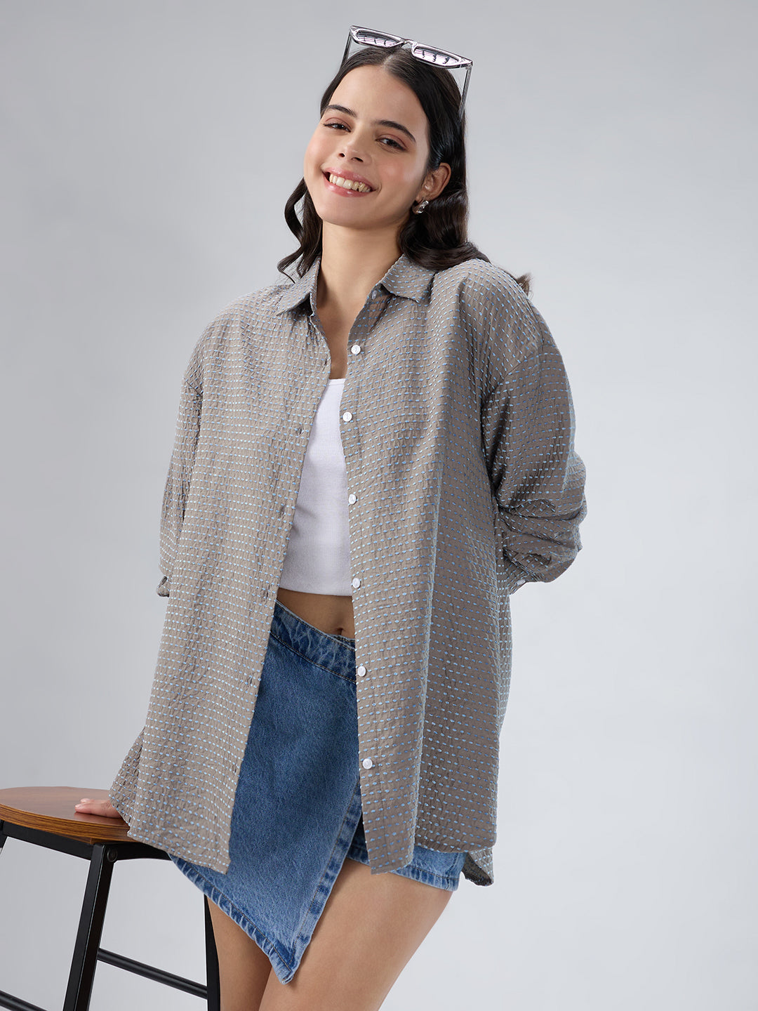 Grey & Blue Dotted Jacquard Oversized Shirt