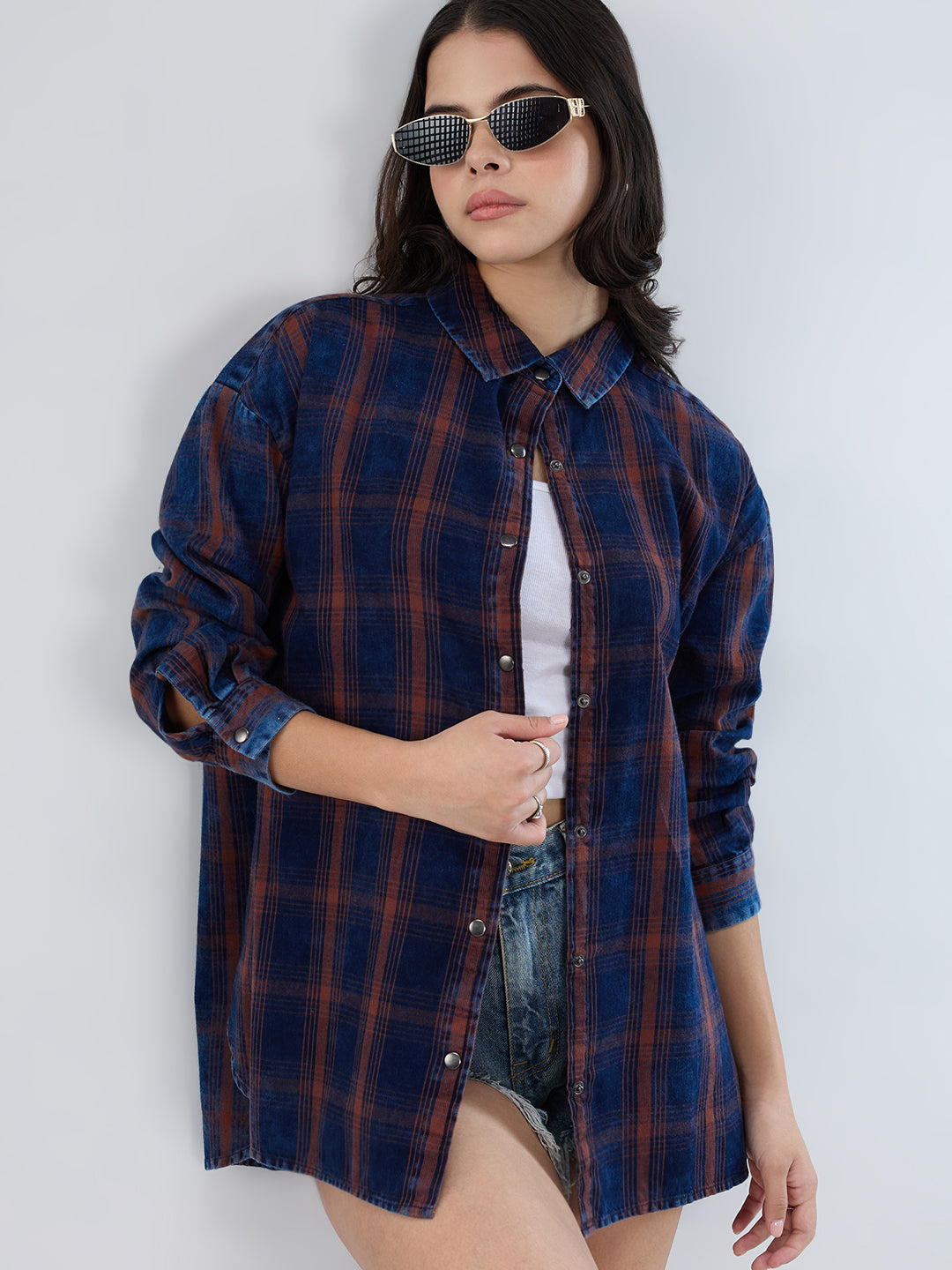Navy & Brown Checkered Corduroy Oversized Shirt