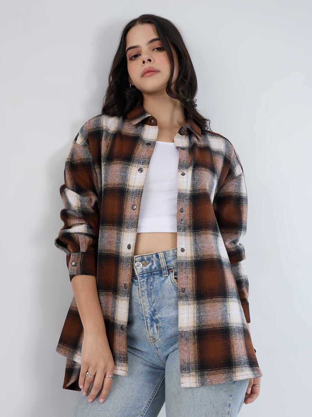 Brown & Beige Checkered Oversized Flannel Shirt