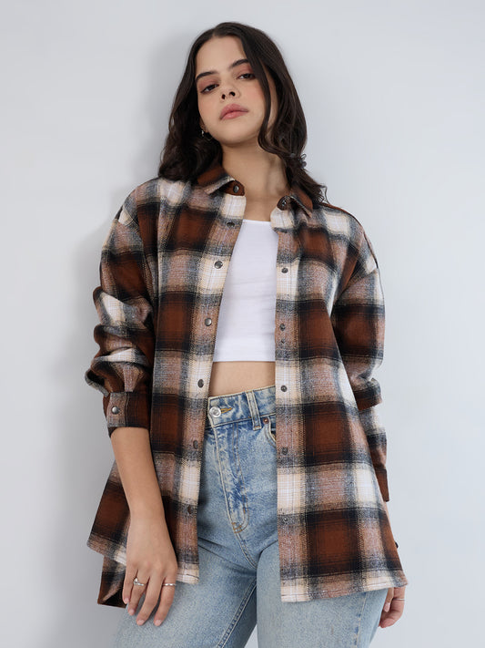 Brown & Beige Checkered Oversized Flannel Shirt