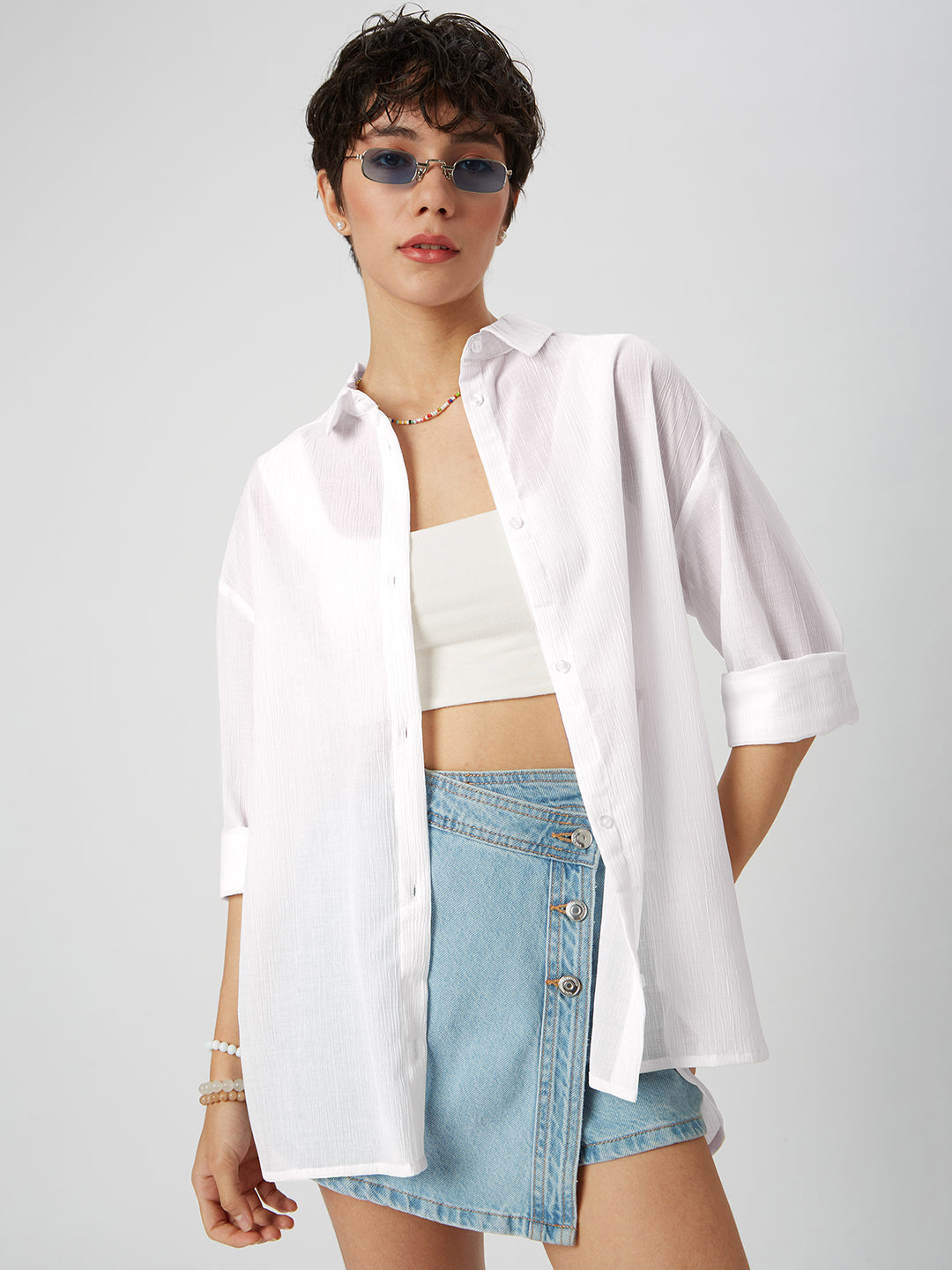 Glittery White Crinkled Oversized Shirt