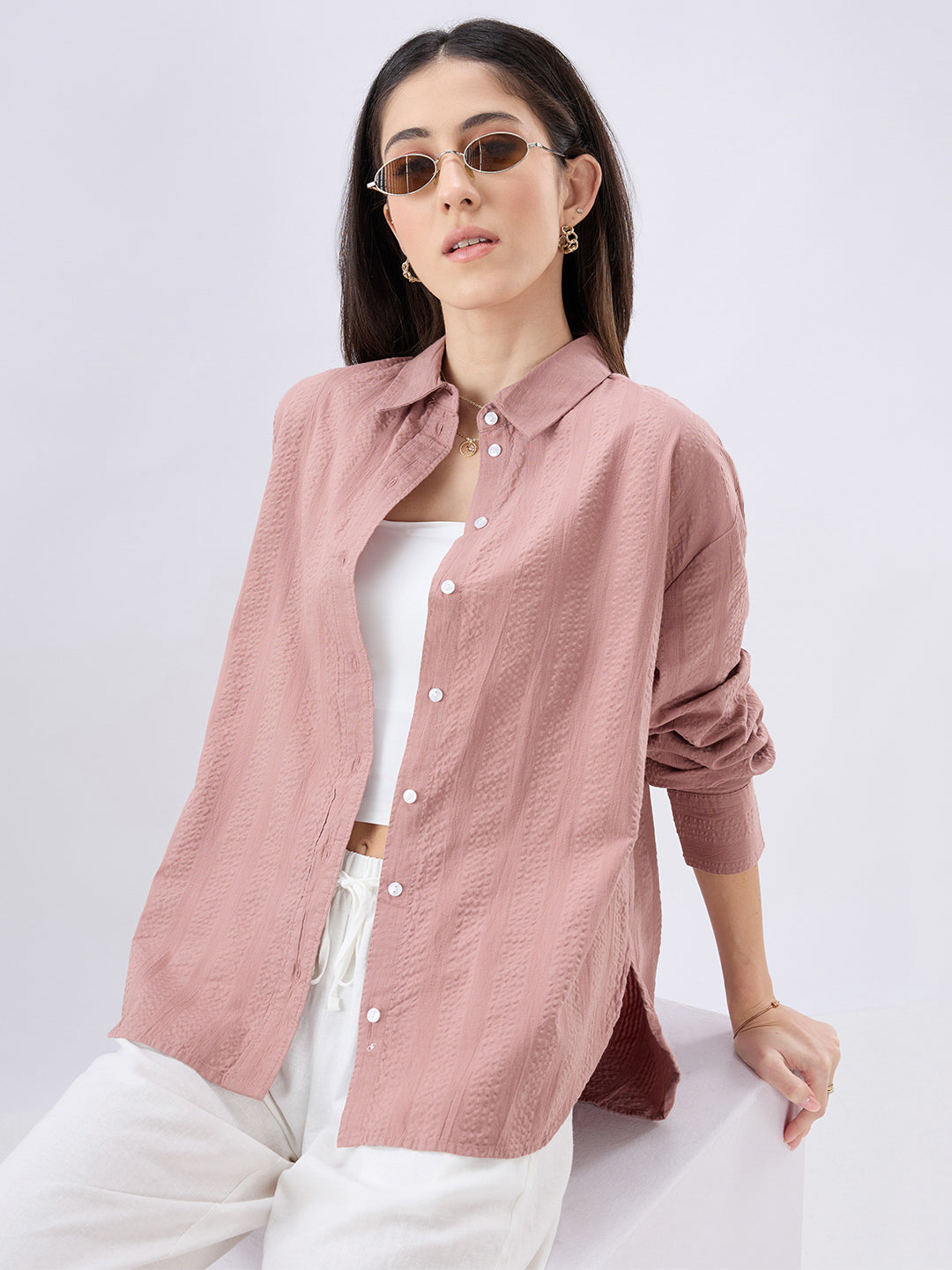 Rouge Pink Seersucker Oversized Shirt