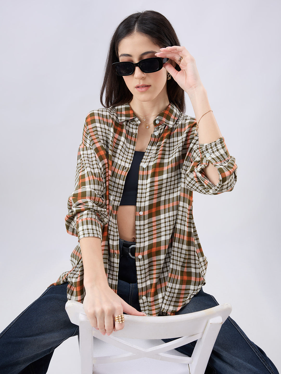 Multicolor Tartan Checked Oversized Shirt
